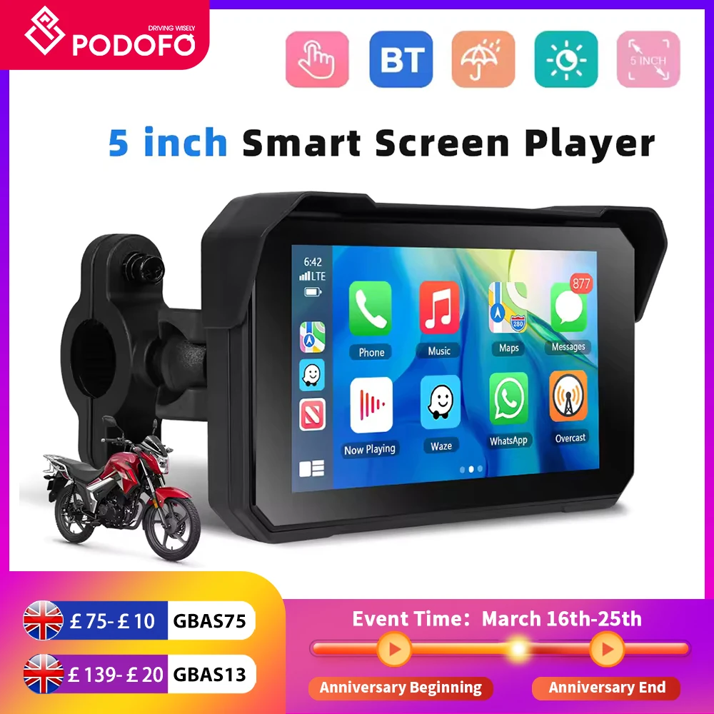 Podofo Wireless Carplay Android Auto Portable Smart Player 5 Inch Multimedia Video Player EQ BT For Motorcycle
