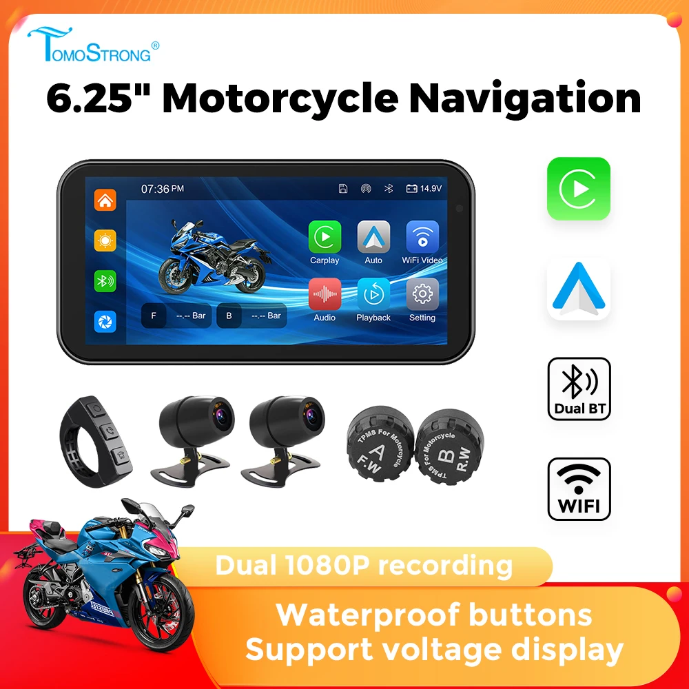 Portable 6.25 inch IP67 Waterproof Motorcycle GPS Navigation Wireless Carplay Android Auto DVR Drive Recorder Moto Monitor WIFI