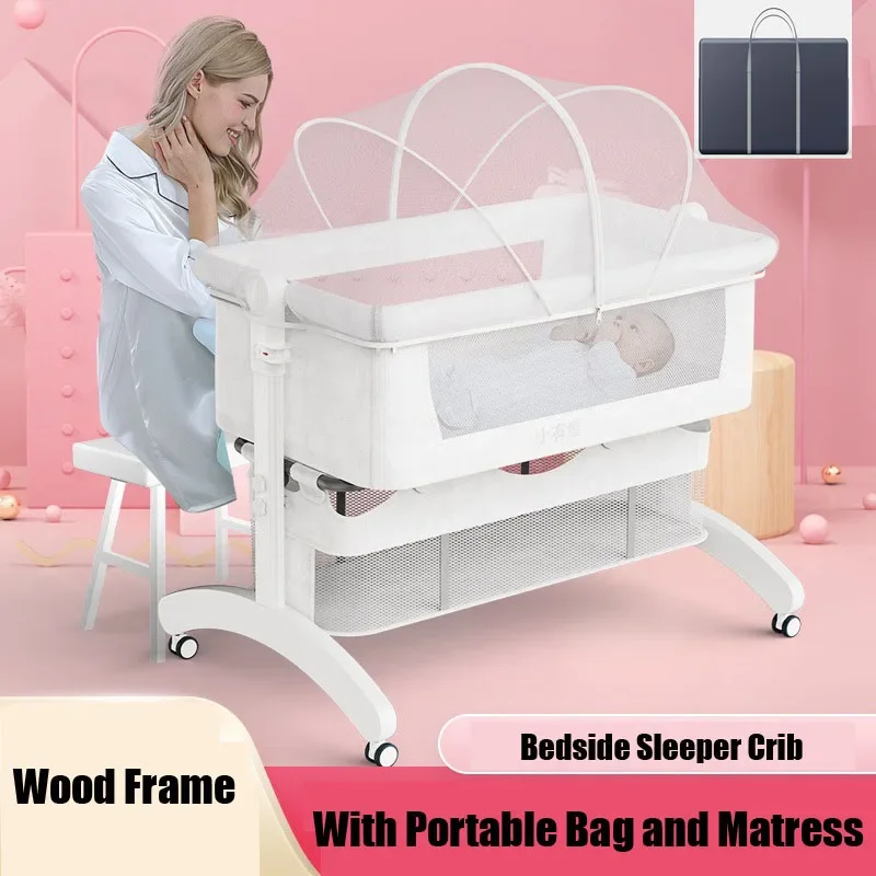 Portable Movable Baby Crib, Foldable Newborn Solid Wood Cradle, Multifunctional Stitching Big Bed Bedside Sleeper