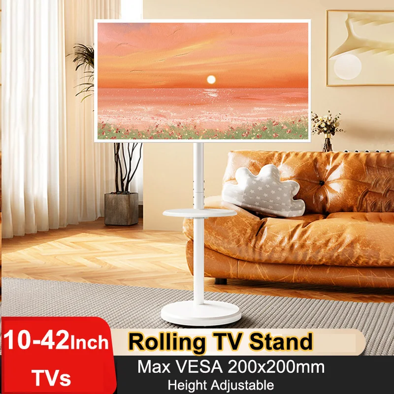 Portrait to Landscape Heavy Duty Mobile TV Cart with Shelf VESA 200x200mm Height Adjustable Rolling TV Stand for 10-42 Inch TVs