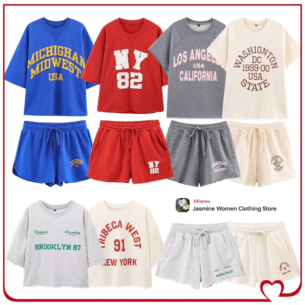 Preppy Style Summer Shorts Sets for Women Stylish Text Short Sleeves Sweatshirt Matching Text Shorts with Adjustable Drawstrings