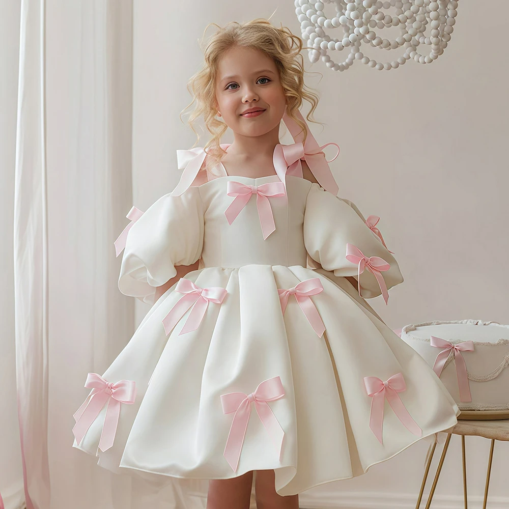 Princess Dress With Bow For Party Night Weddings Dresses Puff Sleeve Design Children Clothes Concert Performance Costume