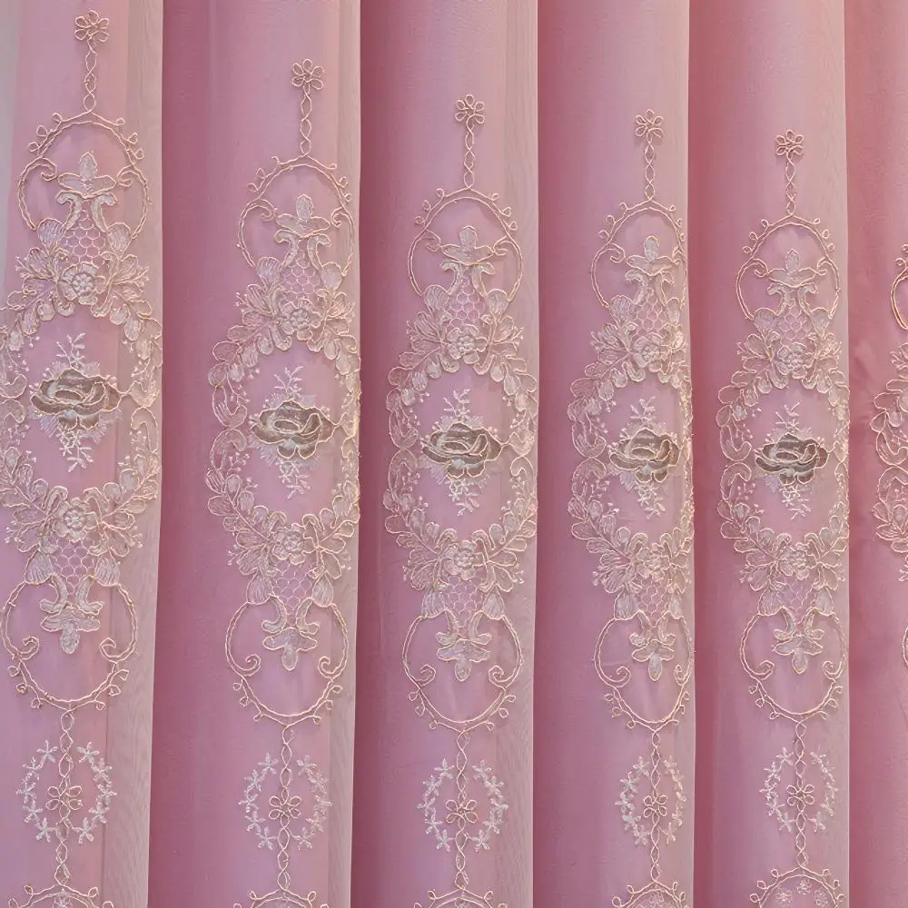 Princess Style Pink 2-in-1 Curtains, Full Blackout Liner + Gold Rose Embroidered Sheer, Ready-Made Drape for Bedroom Living Room