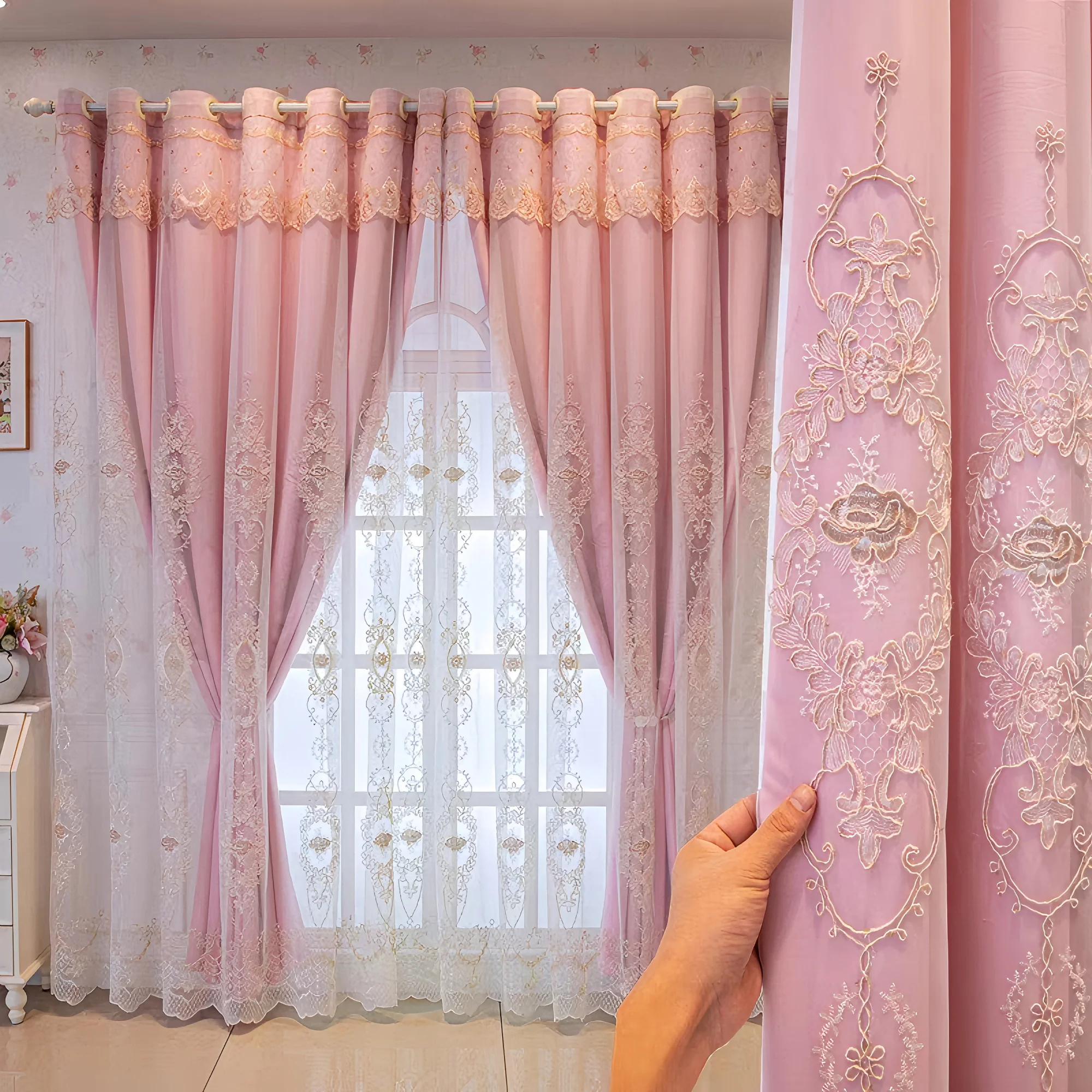 Princess Style Pink 2-in-1 Curtains, Full Blackout Liner + Gold Rose Embroidered Sheer, Ready-Made Drape for Bedroom Living Room