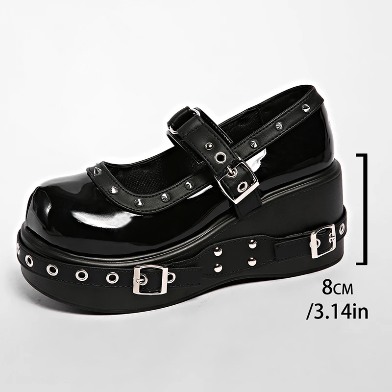 Punk Platform Mary Jane Shoe for Women Black Patent Leather Wedge Heel Loafers Woman Thick Sole Rivet Buckle Gothic Lolita Shoes