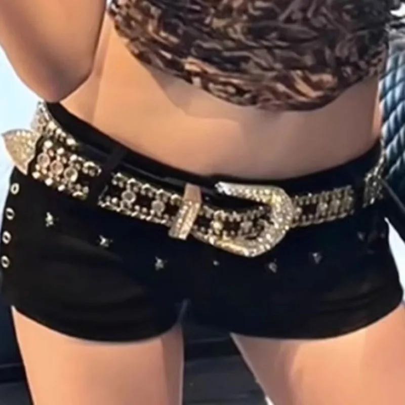 Punk Rhinestone Belt Belt Brand 2.3cm Y2K Bling Sequin Designer Belts Pu Fashion Waistband Jeans Pants Decor Belt for Women Men