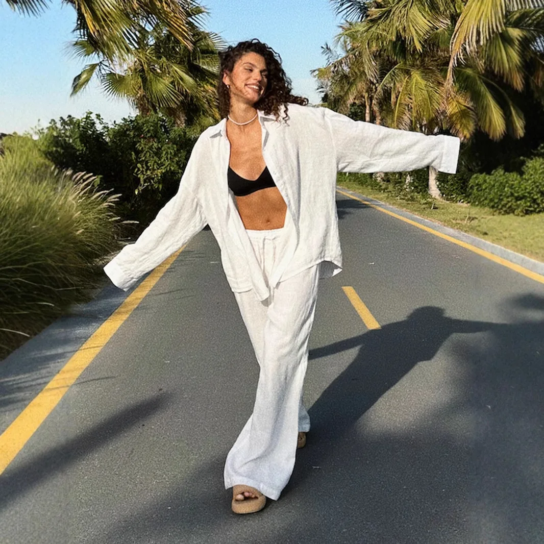 Pure Cotton Shirt Trousers Set Europe and America 2025 Spring and Summer New Loose Long-sleeved Shirt Casual Suit Women