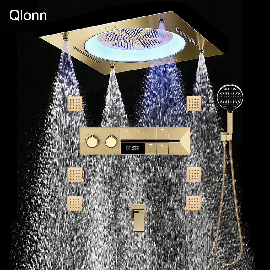 Qlonn Luxury Shower Set Bathroom Faucets Smart Thermostatic Mixer 550*550mm Ceiling LED Music Showers Head Shower Massage Jets