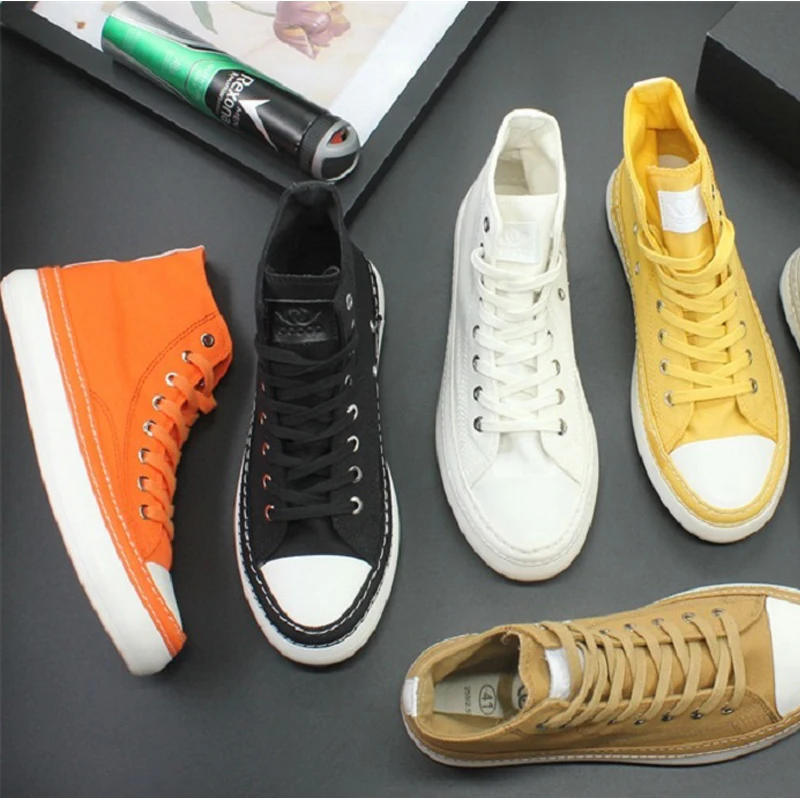 Quality New Retro Unisex Canvas Shoes High Top Lace Up Women Men Middle Cut Sneakers Fresh Solid Colors Students Casual Shoes