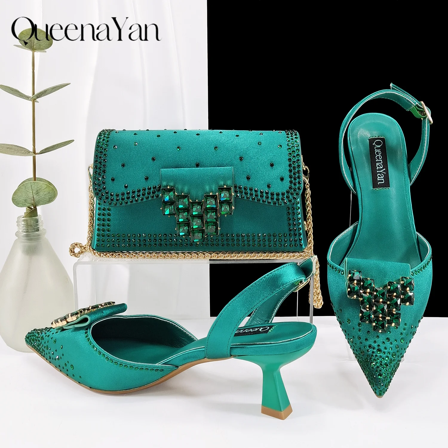 Queen Yan Green Color Rhinestone Comfortable high heel shoe And Bag Fashion Style Pointed-Toe Shoes For Women Or Commuting Shoes