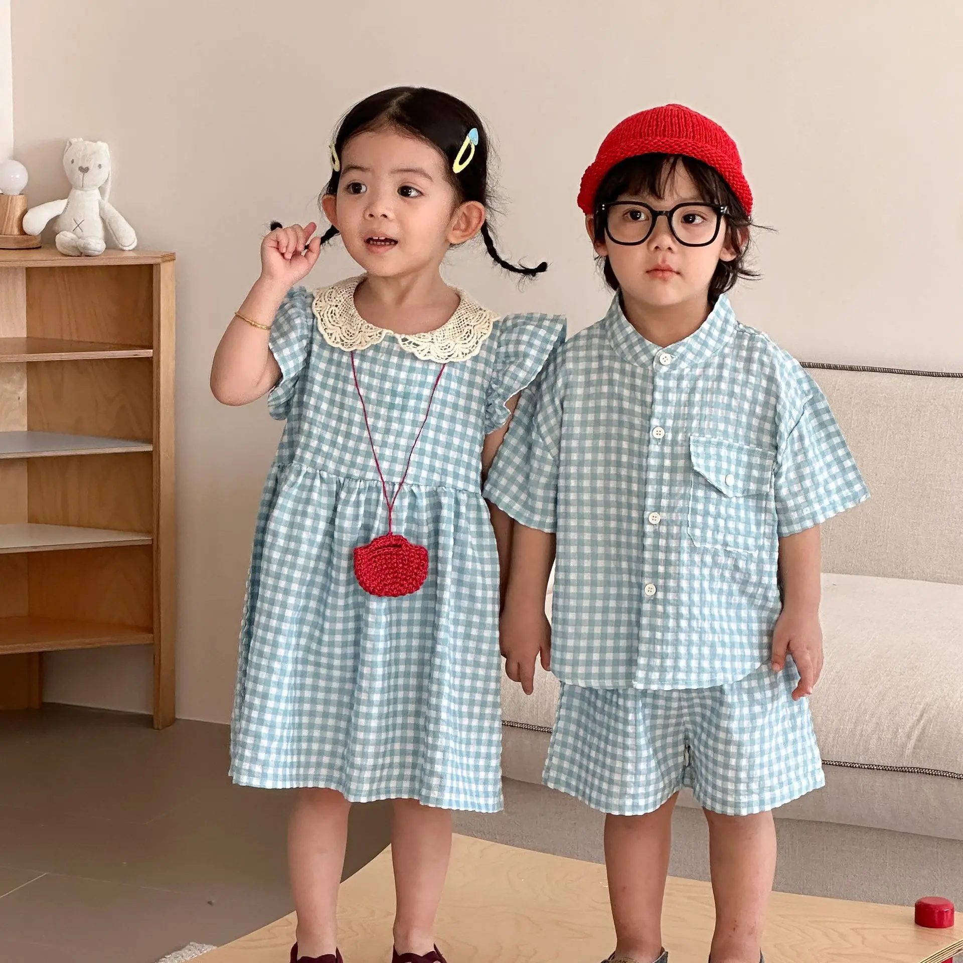RAISE 2026 Summer Siblings Attire Muslin Thin Blue Plaid Boys Suits Lace Collar Fly Sleeve Kids Girls Dresses Brother Sister Set