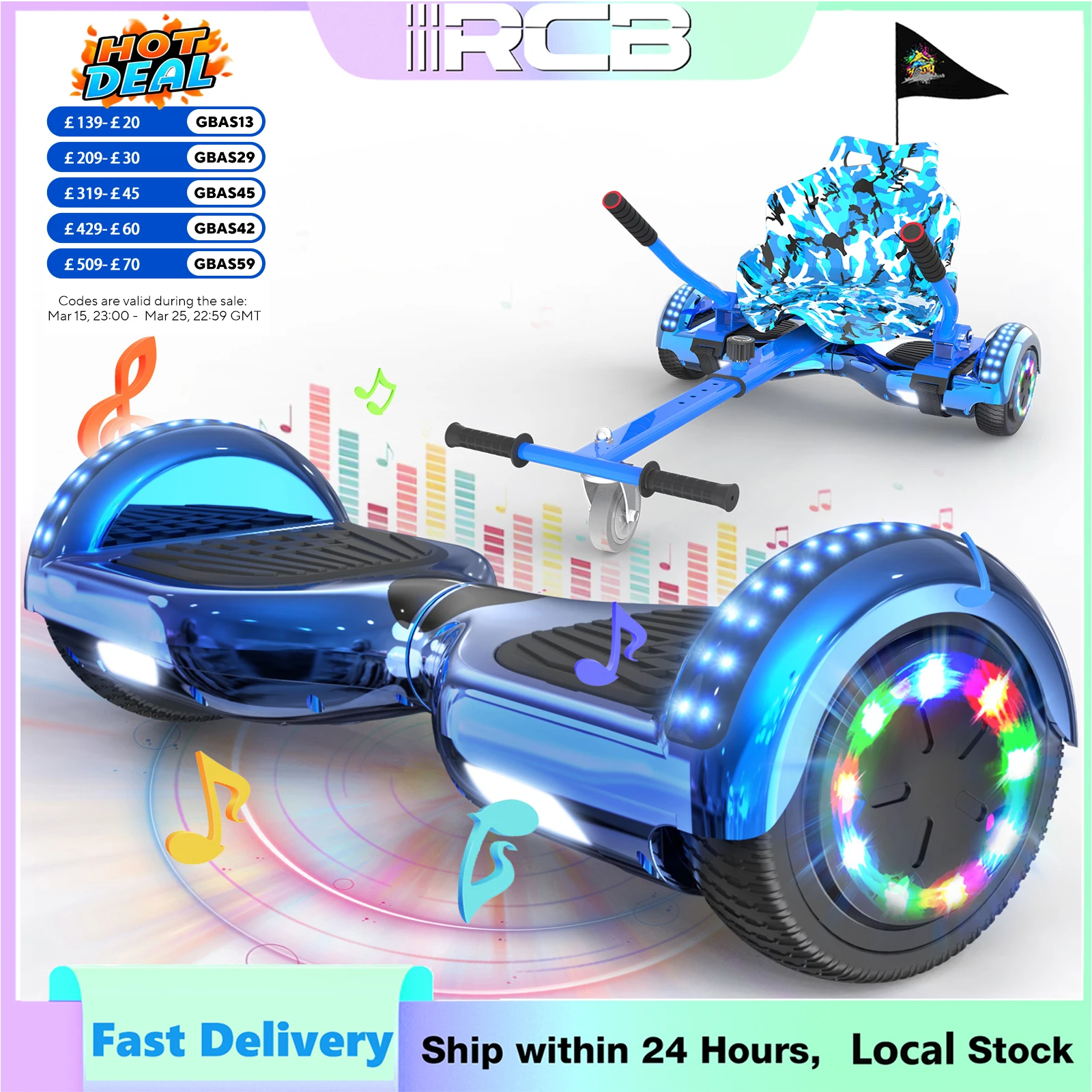 RCB 6.5-Inch Hoverboard with Go-Kart, Non-Slip Tire, LED Lights, Built-in Safety System, Electric Hoverboard for Kids & Adults