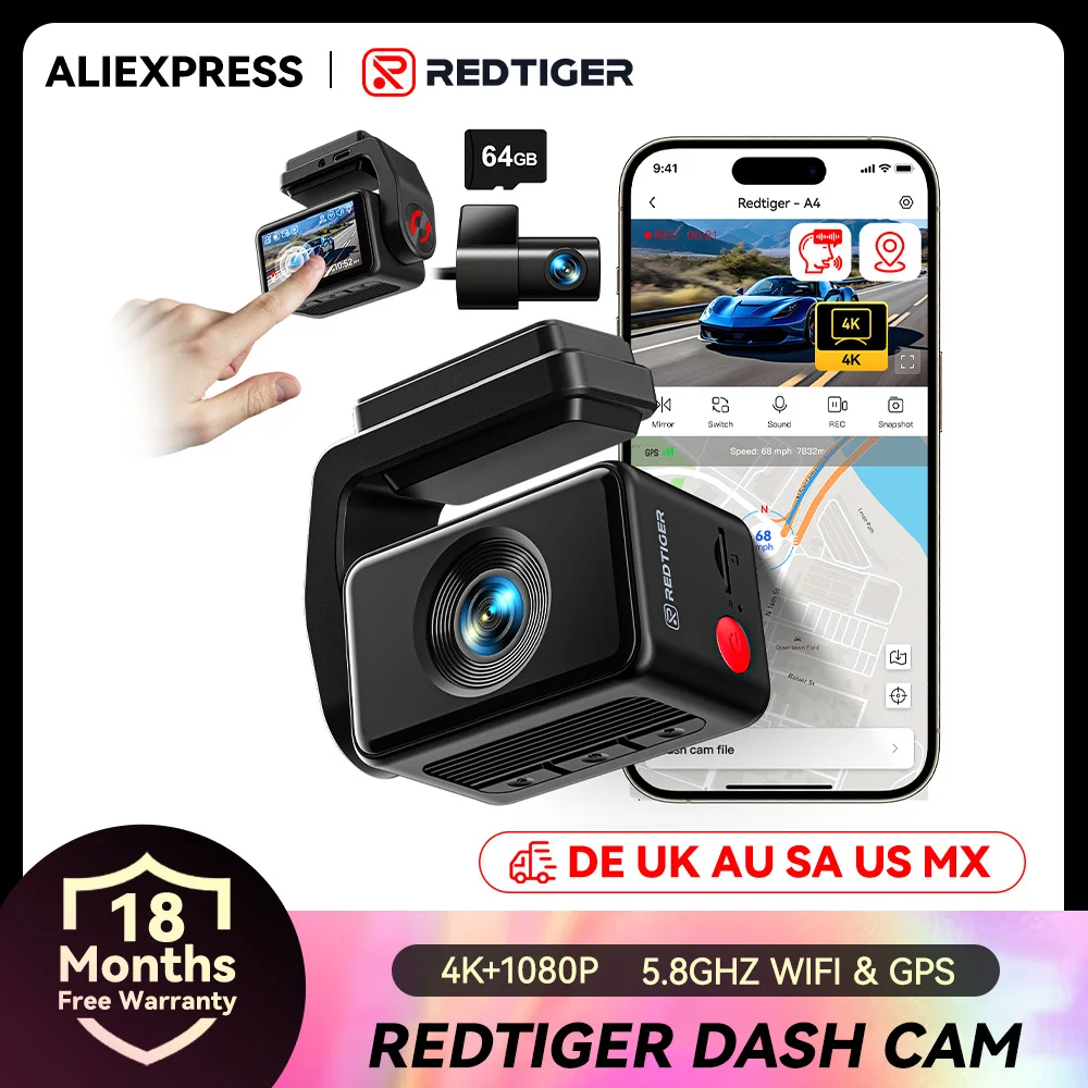REDTIGER A4 4k Dash Cam Front and Rear Drive Recorder GPS& 5G WiFi Touch Screen Night Vision 24H Parking Mode Voice Control