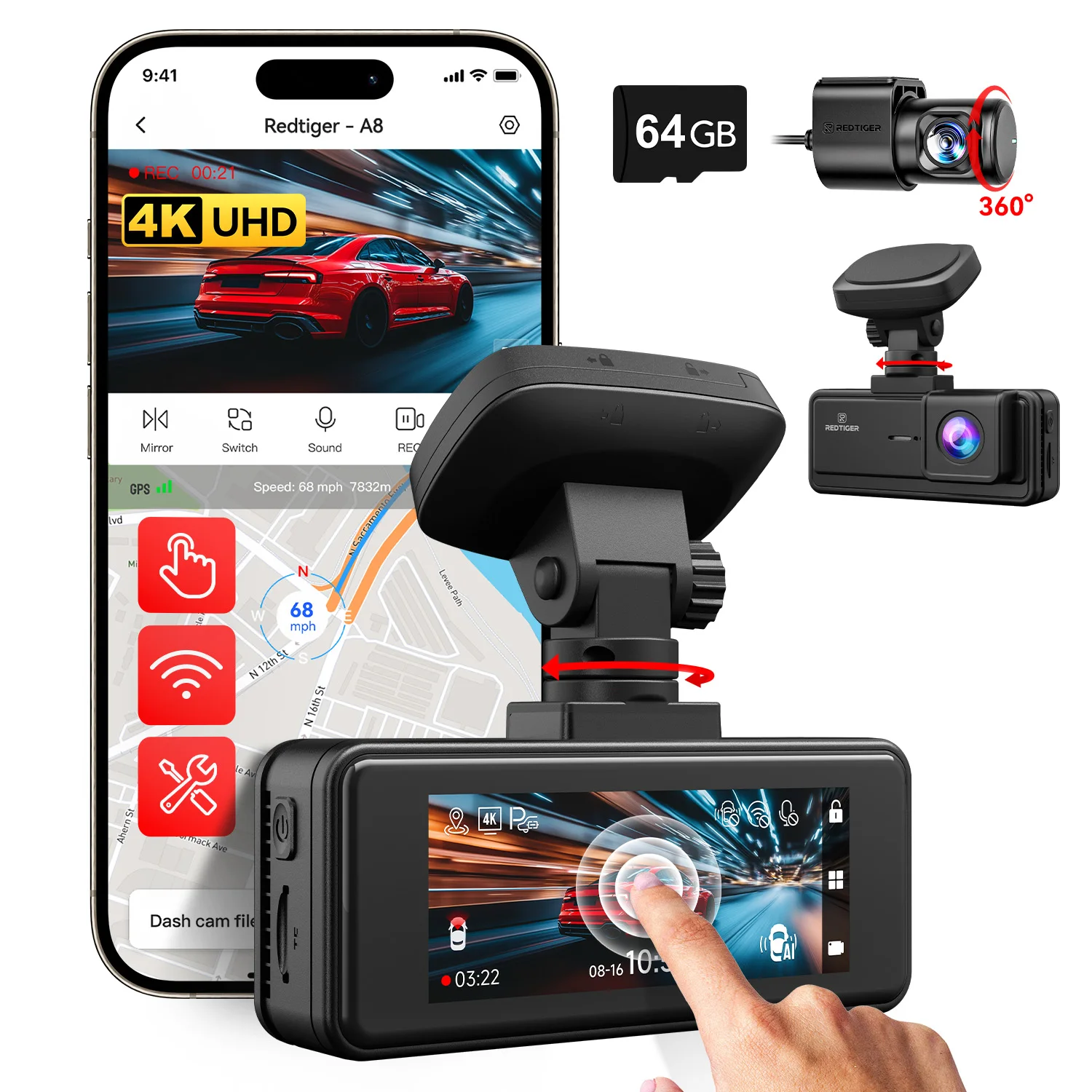 REDTIGER A8 4K Dual Dash Cam Front And Rear Car Cam 3.18" IPS Touch Screen Built-in 5.8Ghz WiFi GPS Car DVR Night Vision