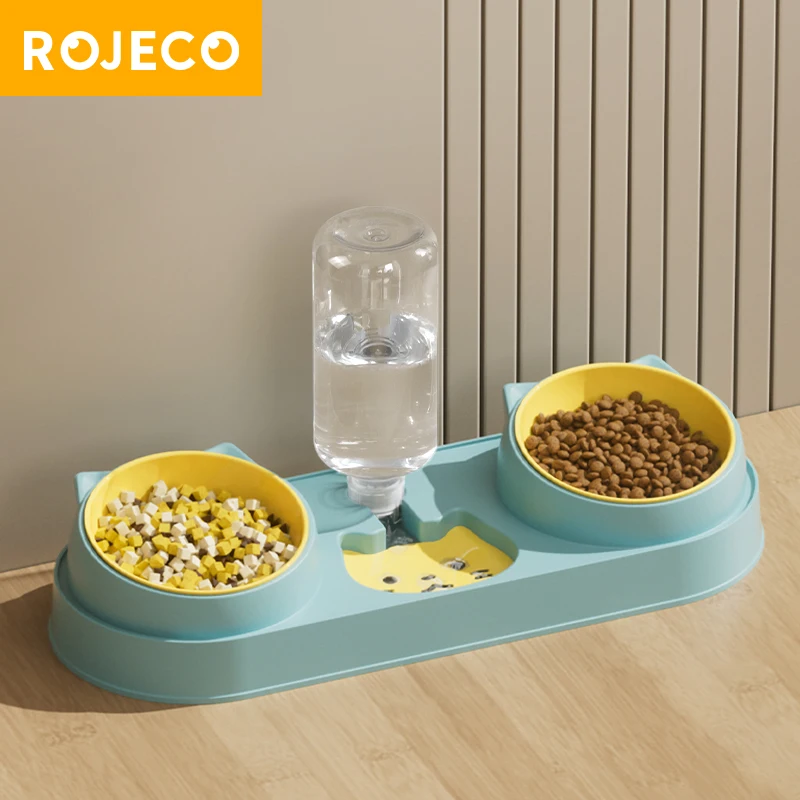 ROJECO 3 In 1 Pet Bowls with Water Dispenser Auto Water Refill Dual Feeding Bowls Dry Wet Separation Food Bowls For Cat Supplies