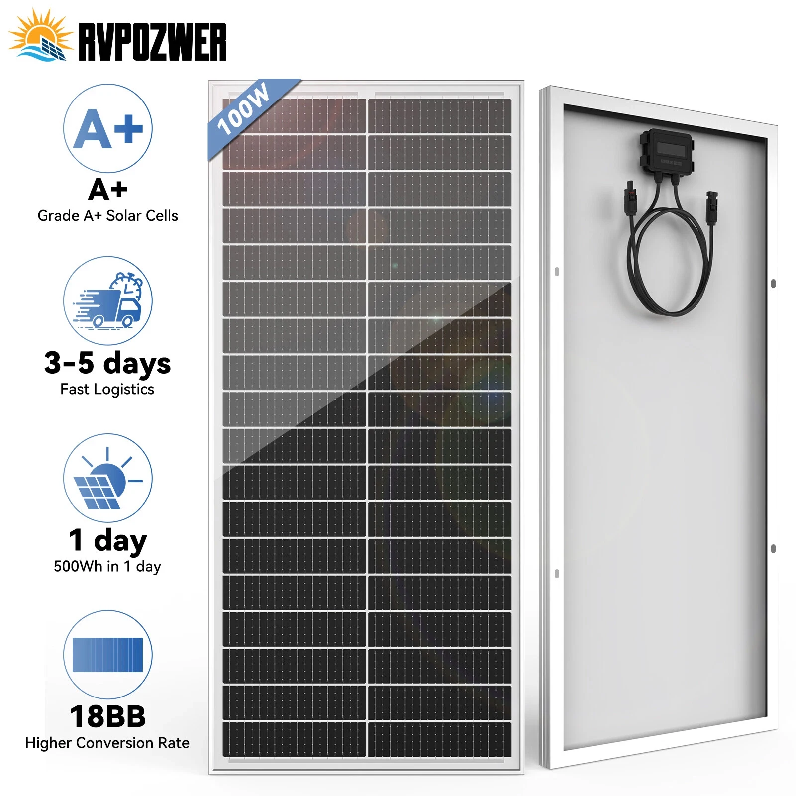 RVPOZWER 12.8V 100W Rigid Solar Panel 18BB N-Type Solar Cells Monocrystalline Silicon Waterproof Solar Panel Home/RV