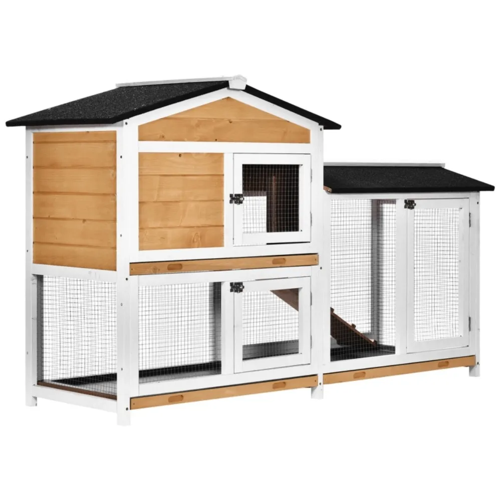 Rabbit Hutch Guinea Pig Hutch Wooden House with Run,2 Tier Pet Cage Outdoor with No-leak Plastic Trays,Yellow
