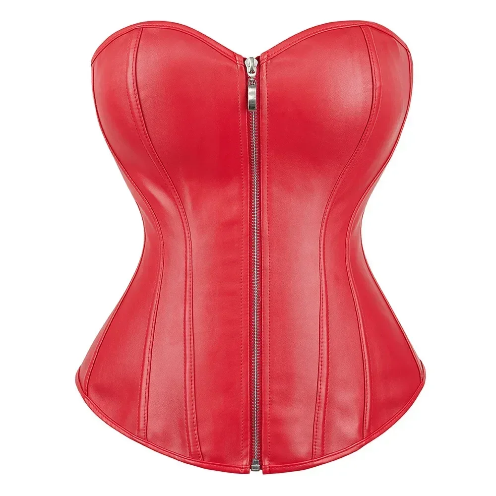 Red Black PU Leather Bustier Tops Zipper Steampunk Corset Korset Overbust Body Shaper Women Sexy Basque