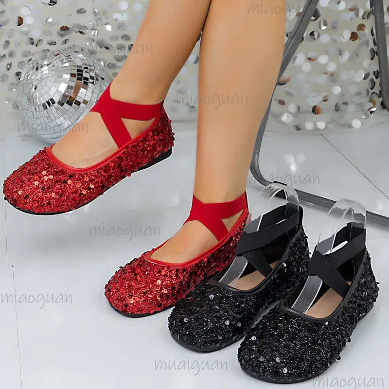 Red/Black Glitter Sequins Mary Jane Flats Elastic Ankle Strap Sparkly Ballet Shoes Comfortable Soft Sole Slip-On Women's Loafers