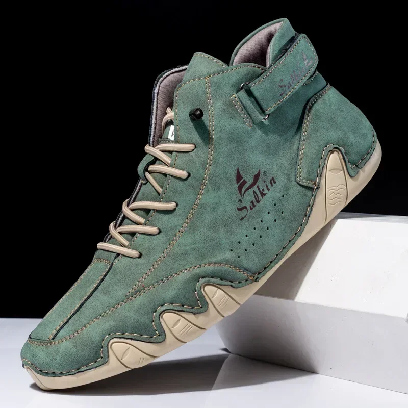 Retro Handmade Leather Men Boots Fashion Designer Shoes Man Outdoor Ankle Boots Men Walking Shoe Breathable Hombres Botas