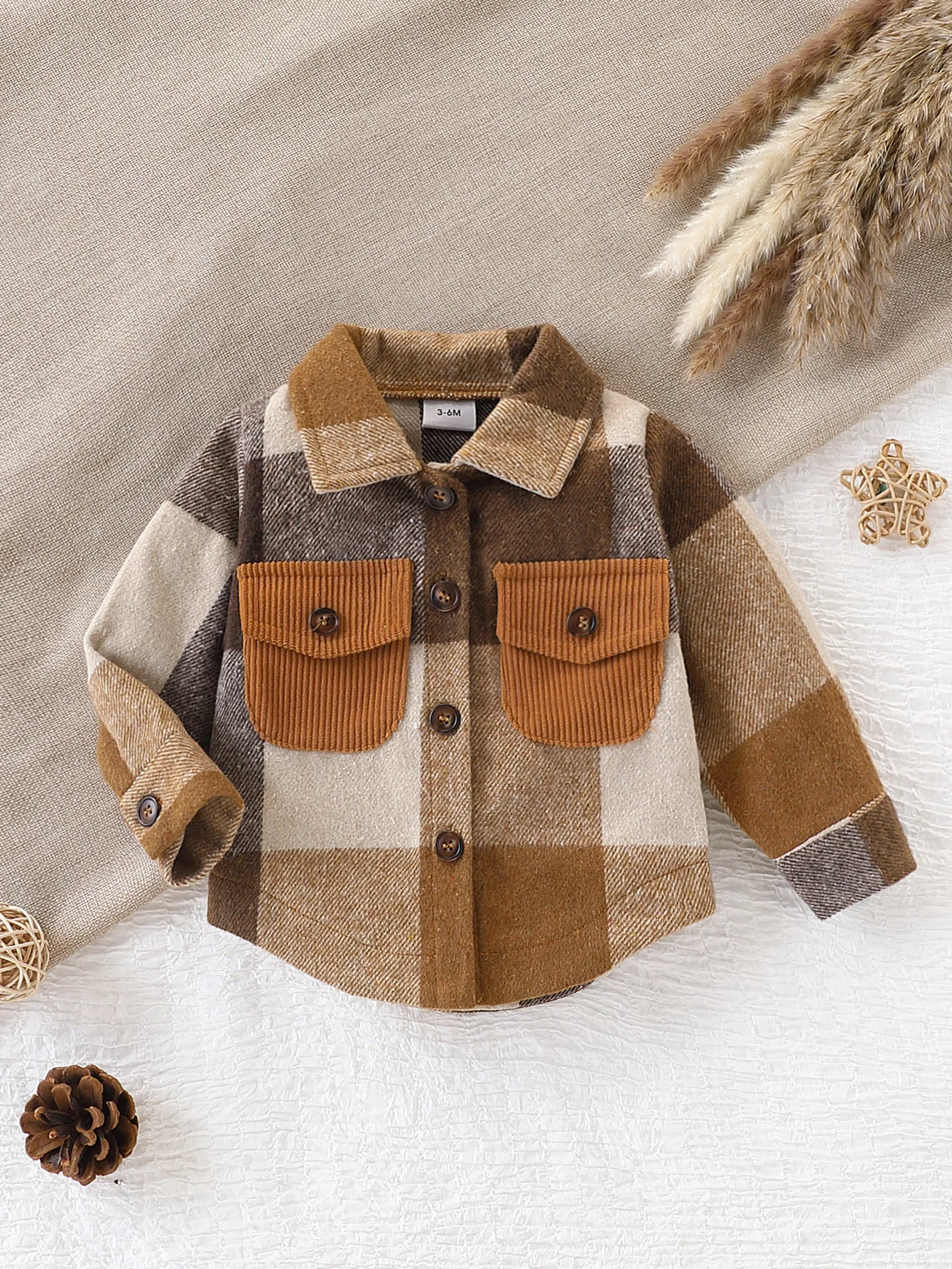 [Retro Style] Baby Boy's Woolen Plaid Outwear with Corduroy Lapel + Patch Pocket Design, Double-Breasted Autumn and Winter Outerwear
