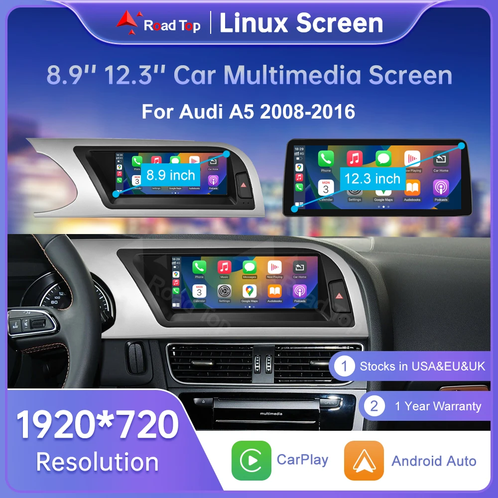 Road Top Radio Multimedia Linux Touch Screen For Audi A5 2008-2016 Wireless CarPlay Android Auto Airplay Car Player Function