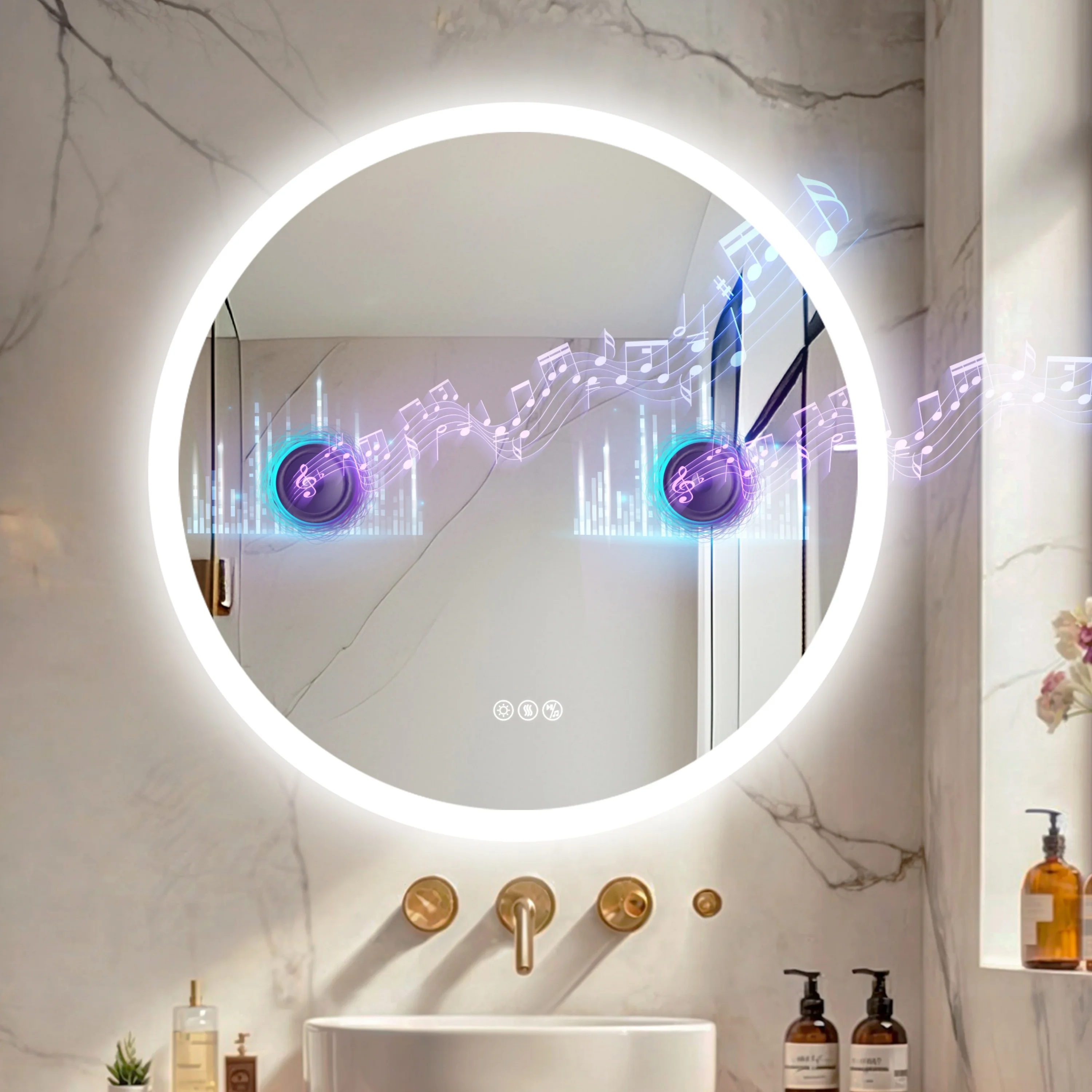 Round Bathroom Mirror 800x800mm with Bluetooth Wall Illuminated LED Vanity Mirror, Anti-Fog, Three Color Light, Memory Function