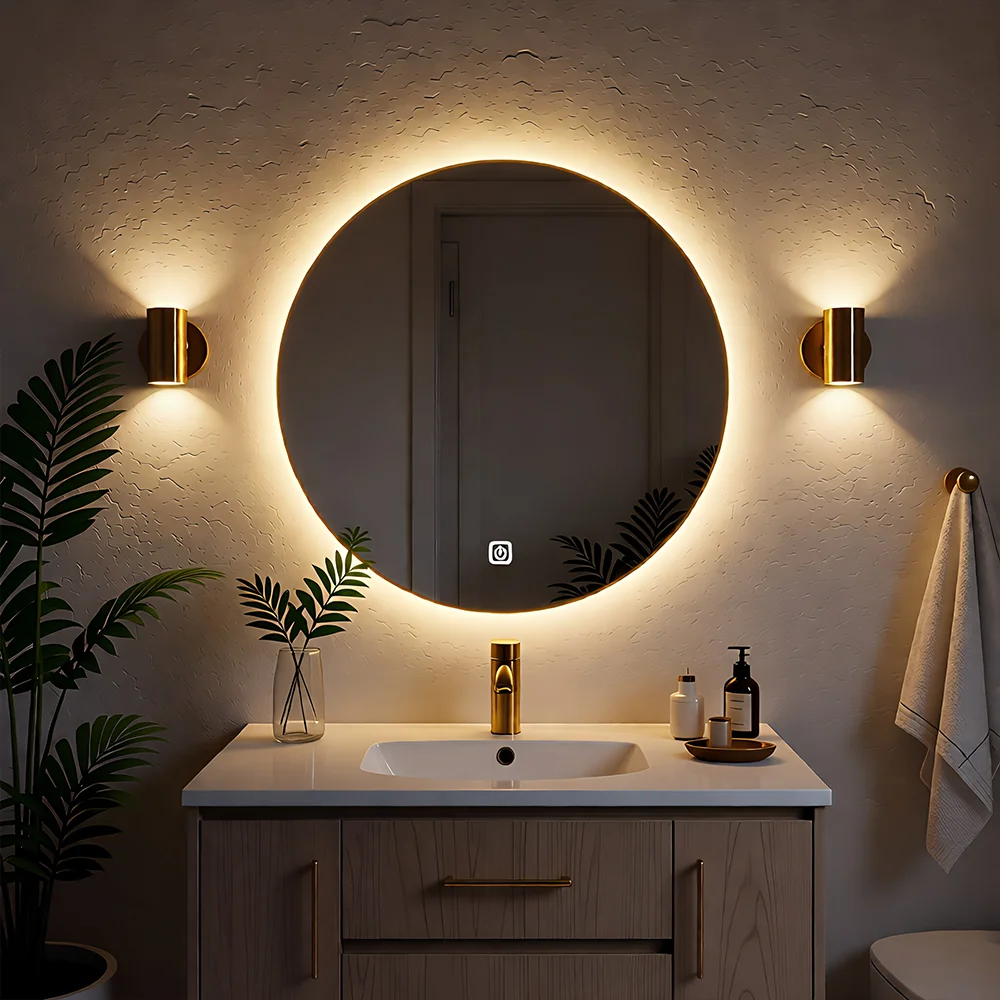 Round LED Bathroom Mirror For Over Sink 50CM Electric Vanity Mirror With Backlit Lights For Shower Shaving Wall Mounted IP54