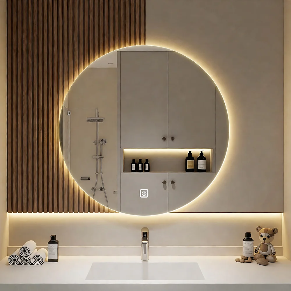 Round Smart Bathroom Mirror with LED Lights Wall Mounted 3 Colours Dimmable IP54 Waterproof Touch Switch