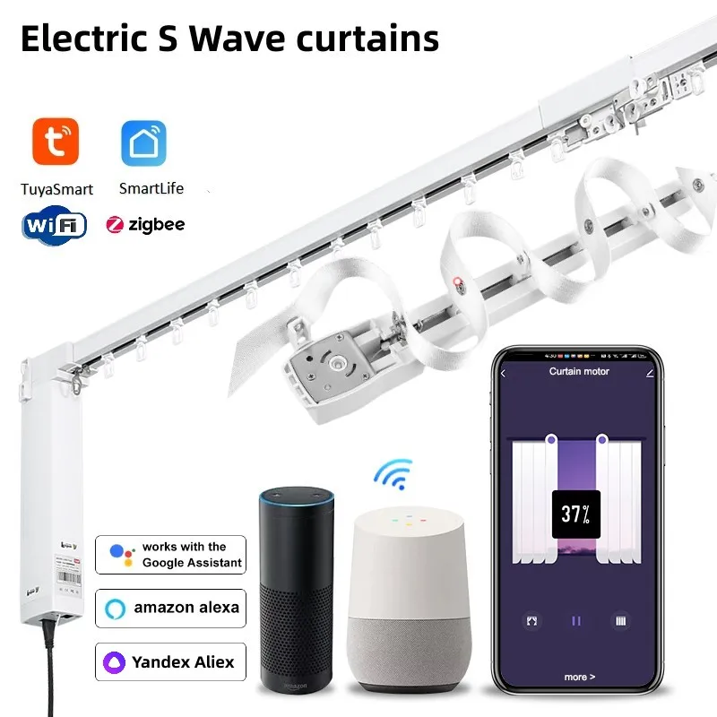 S Wave Smart Curtain Track System Tuya Smart Life APP WiFi Zigbee Remote Control Curtains