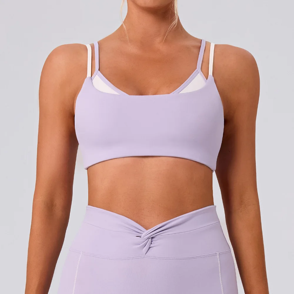 SHINBENE Street fitness top with sports-style faux two-piece color-blocked bandeau yoga bra