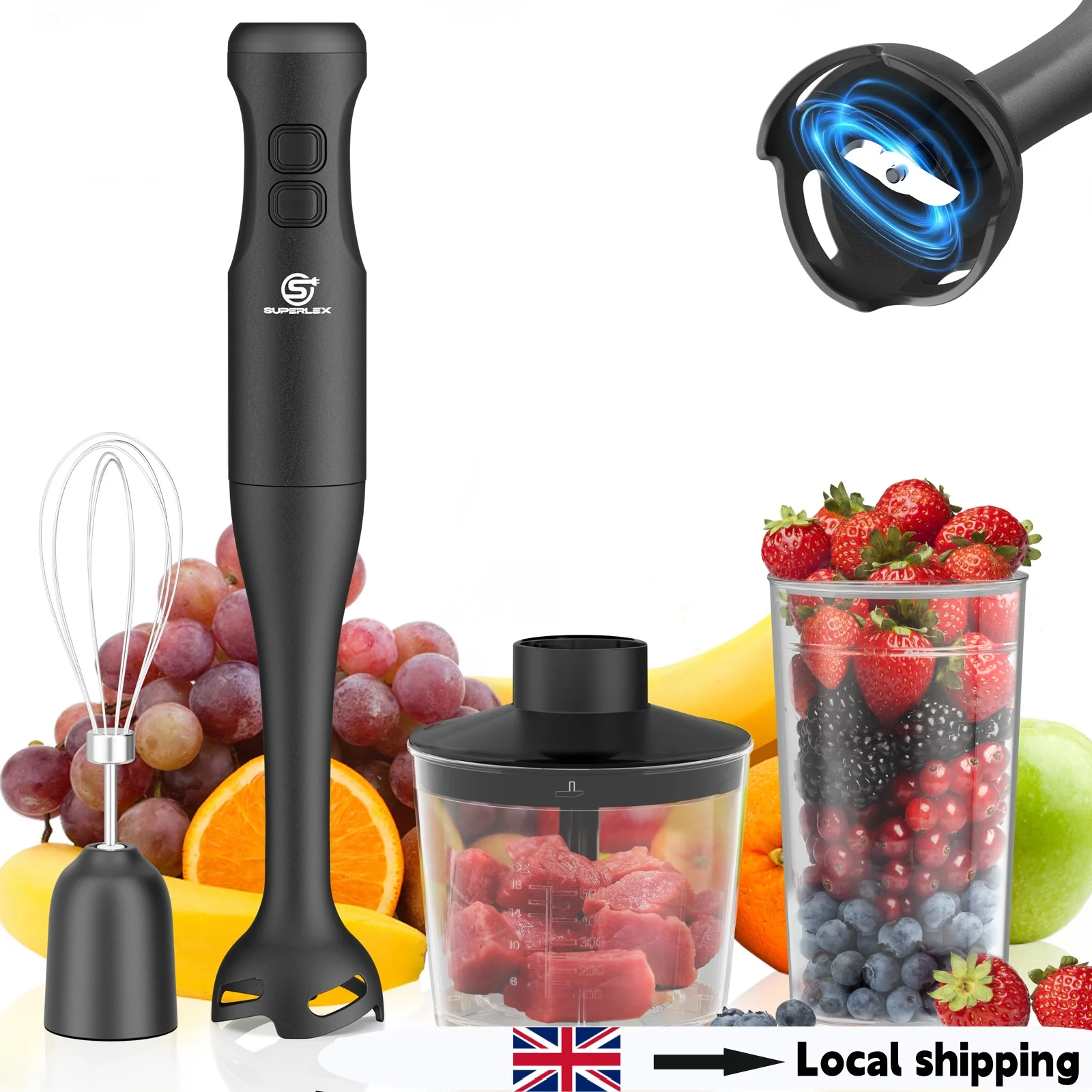 SUPERLEX 4-in-1 Handheld Blender Set, Including 500ml Cup, 350W 2-speed Regulation Suitable For Cutting,Making Soups, And Sauces