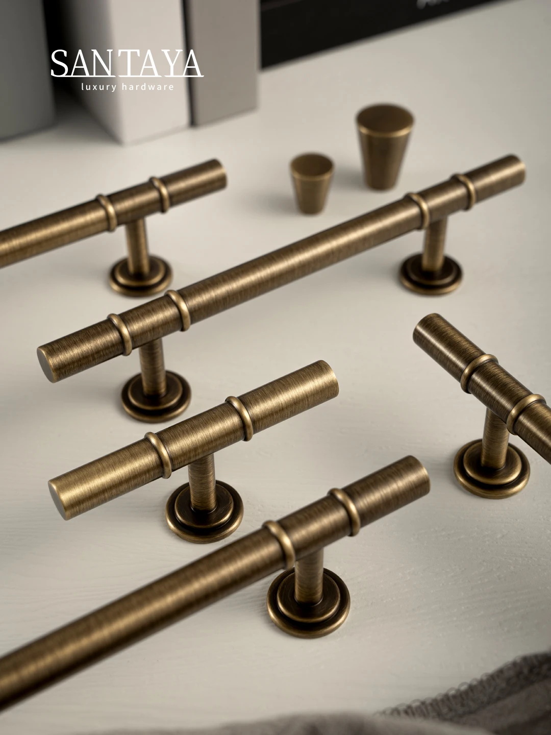 Santaya Antique Solid Brass Furniture Handles Modern Minimalist Conical Drawer Knob T-bar Pull Bronze Kitchen Cabinet Handle