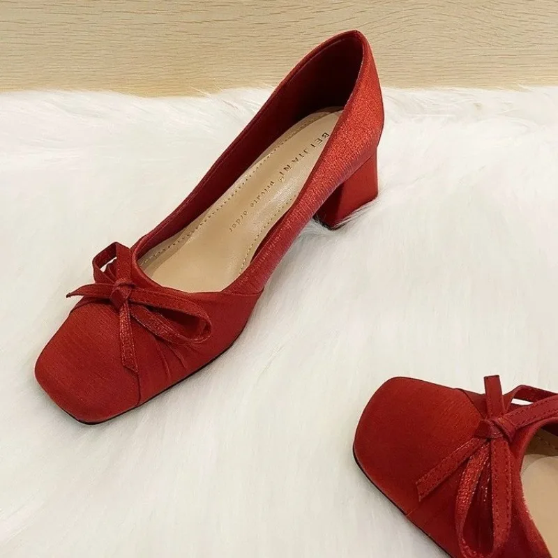 Satin Bow Chinese Wedding Shoes Women Pointed Toe High Heels Single Shoes Versatile
