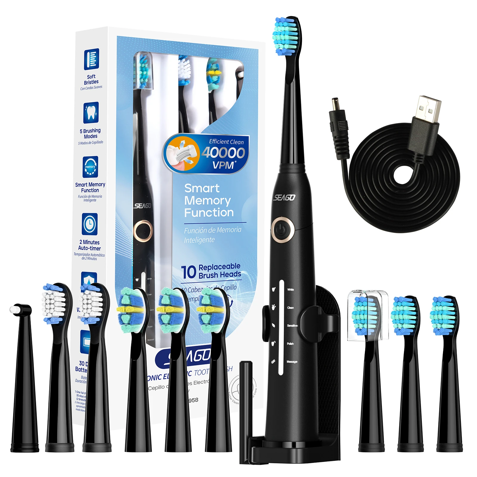 Seago Electric Toothbrush Tooth brush USB Rechargeable Adult Ultrasonic Teeth Cleaning 10 Replacement Toothbrush Heads
