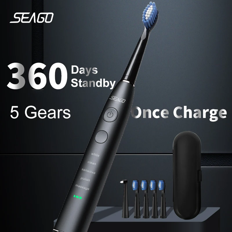 Seago Electric Toothbrush USB Rechargeable Adult 360 Days Long Battery Life IPX7 4 Replacement Heads Travel Box SG-575