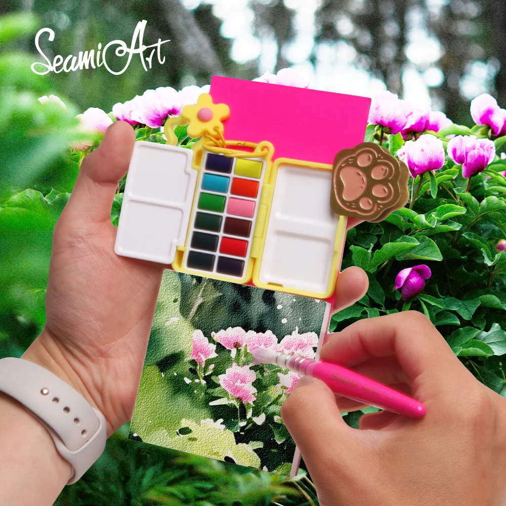 SeamiArt 12color Portable Travel Solid Watercolor SS25 Drawing Gift set with Storage Bag Painting Brush Palette Box Art Suppies