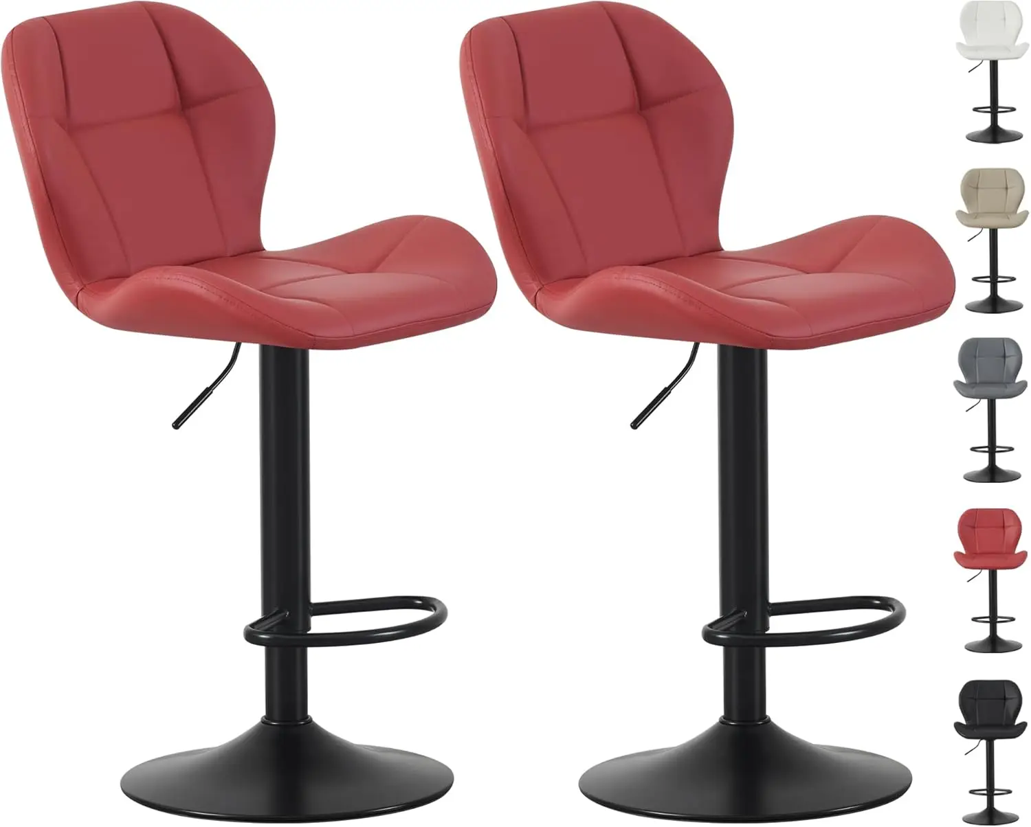 Set of 2 Bar Stools, Height Adjustable Swivel Barstools, Counter Stools with Backrest, Faux Leather Seat, Footrest Metal Base