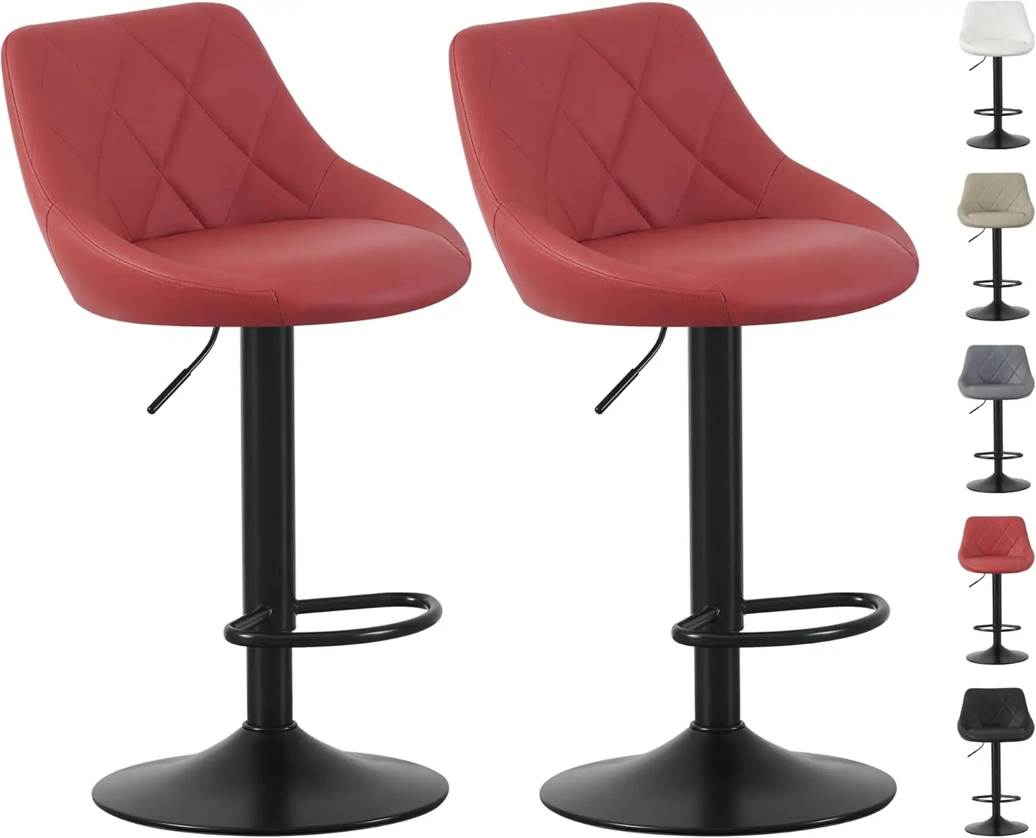 Set of 2 Bar Stools, Height Adjustable Swivel Barstools, Counter Stools with Backrest, Faux Leather Seat, Footrest Metal Base