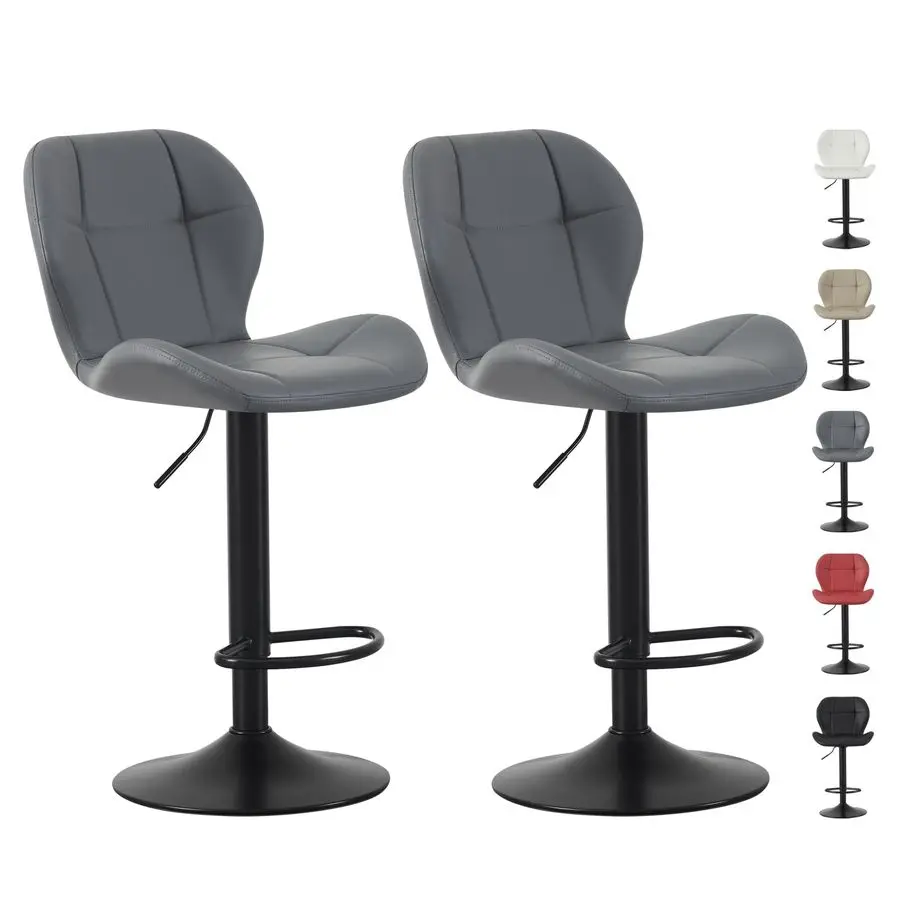 Set of 2 Bar Stools, Height Adjustable Swivel Barstools, Counter Stools with Backrest, Faux Leather Seat, Footrest and Metal Ba