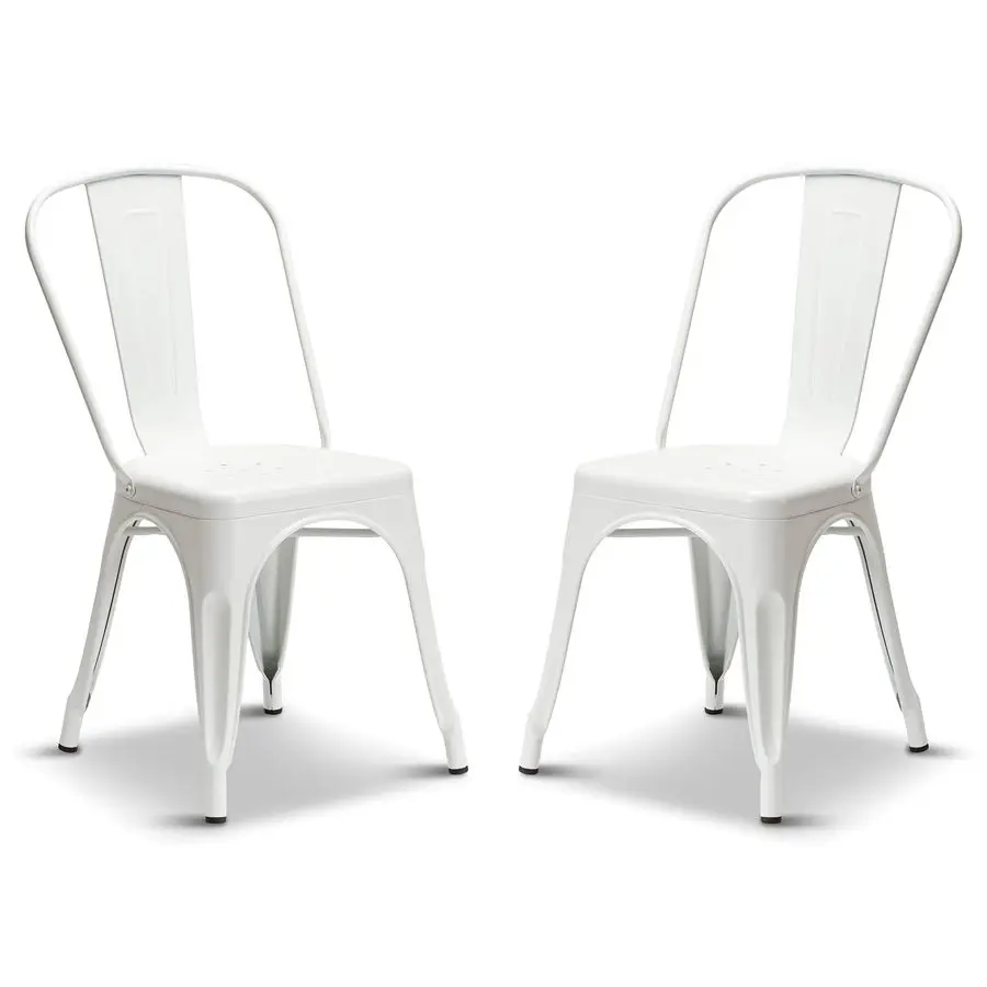 Set of 2 Matt White Metal Industrial Dining Chairs Stackable Retro Style Kitchen Vintage Seat For Home, Bistros and Cafes