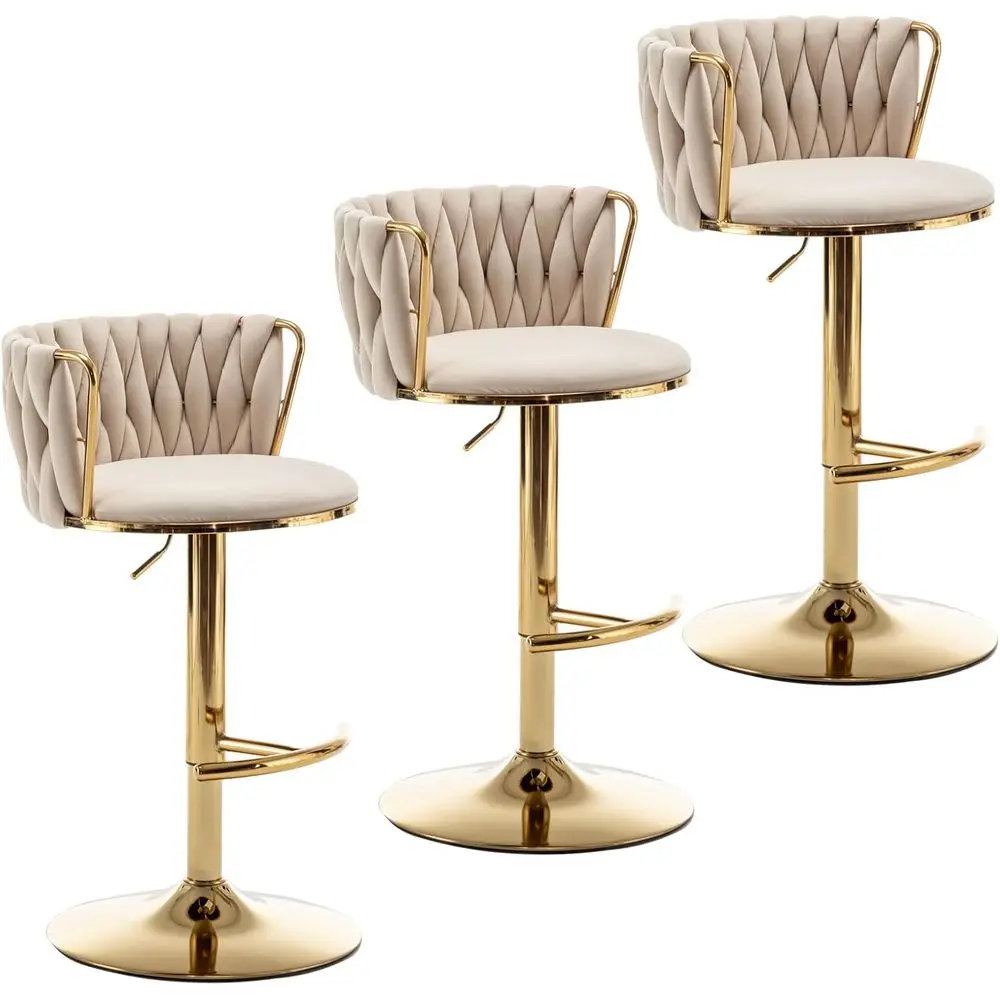 Set of 3 Beige Velvet Swivel Bar Stools, Adjustable Counter Height with Back, Ideal for Kitchen Island, Pub, Customized