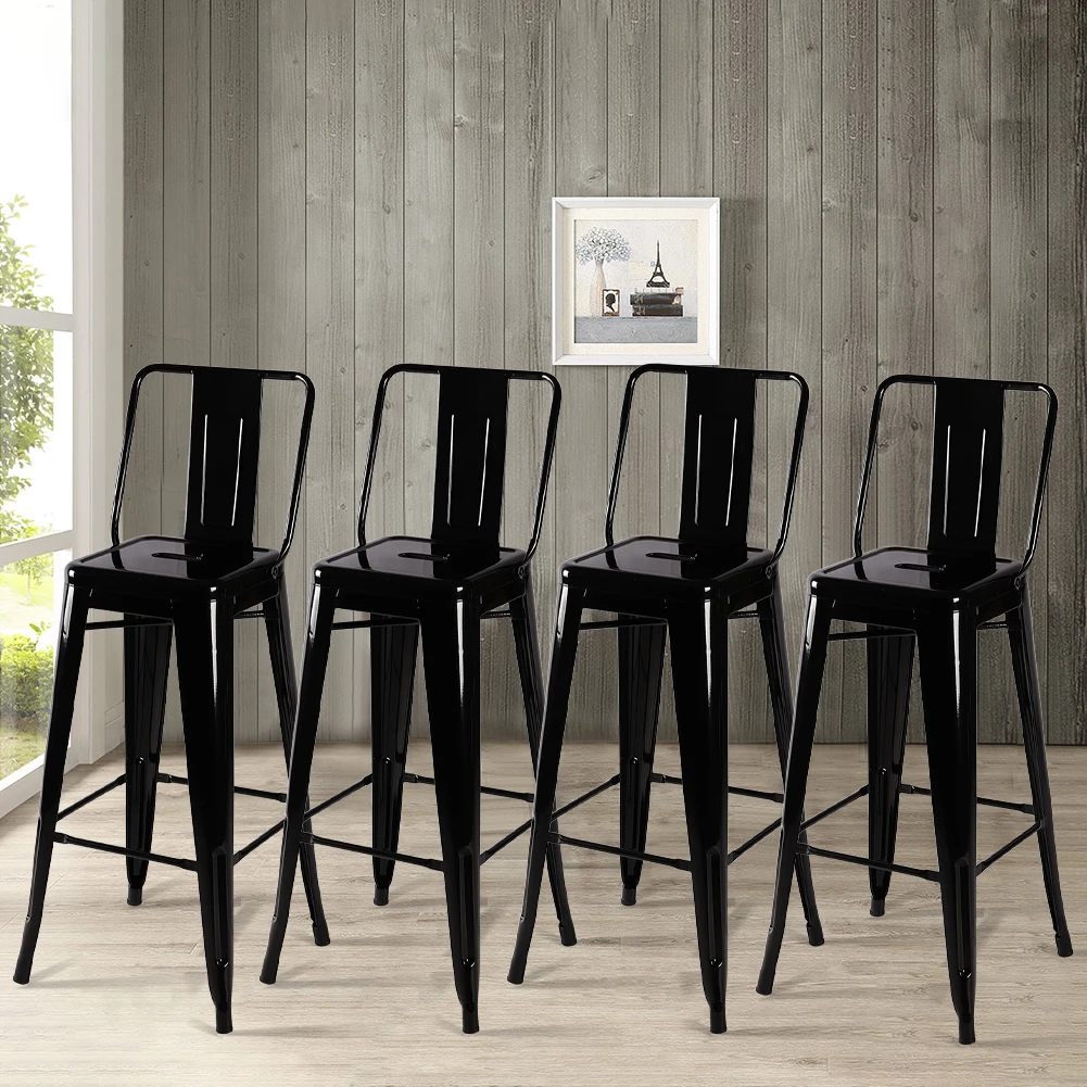 Set of 4 Industrial Style Black Metal Frame High Chair Bar Stool with Backrest,Kitchen Breakfast Bar Chairs Easy to Assemble