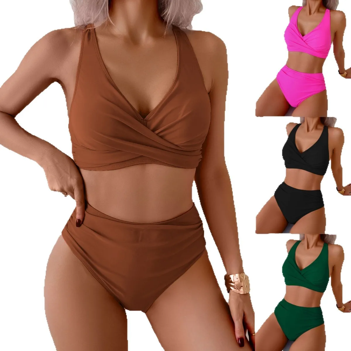 Sexy Backless Bikini Women's Solid Color High Waist Two Piece Swimsuit 2026 New Tied Bikini Strapless Swimwear Nylon Fabric