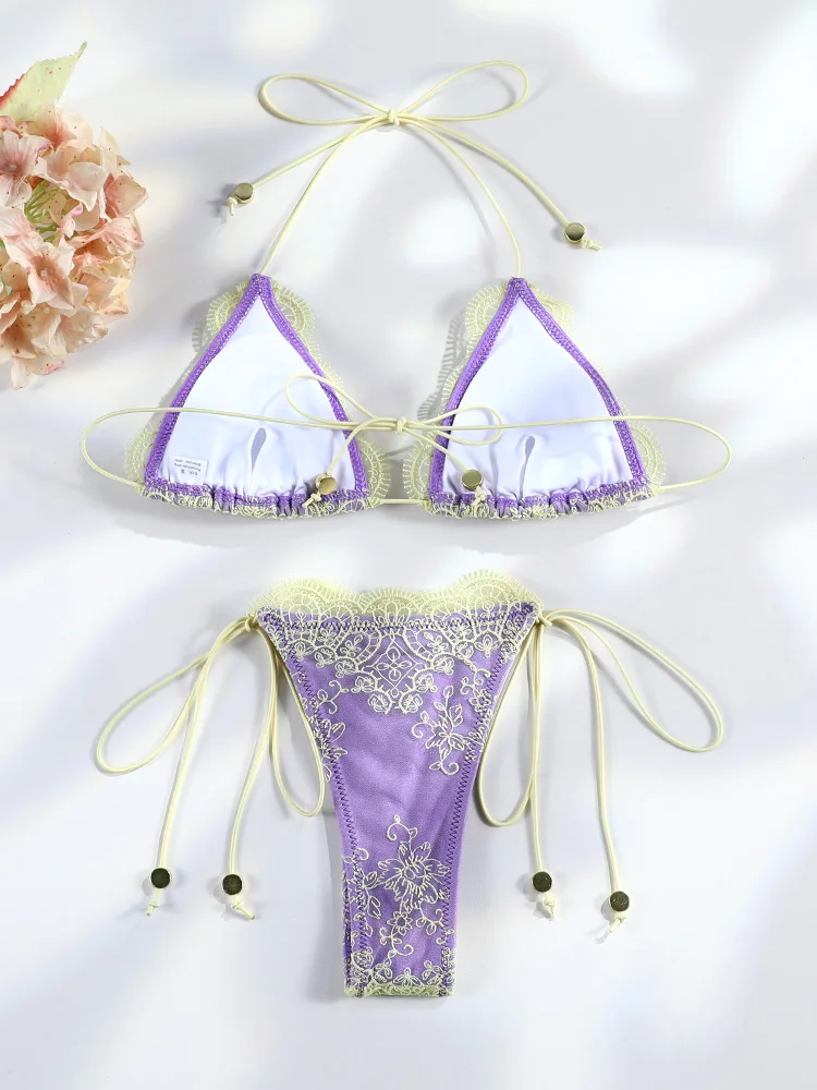 Sexy Hollow Lace Bikinis Patchwork Swimsuit Women Bathing Suits Bandage Swimwear Mujer Beachwear Triangle Bikini Set
