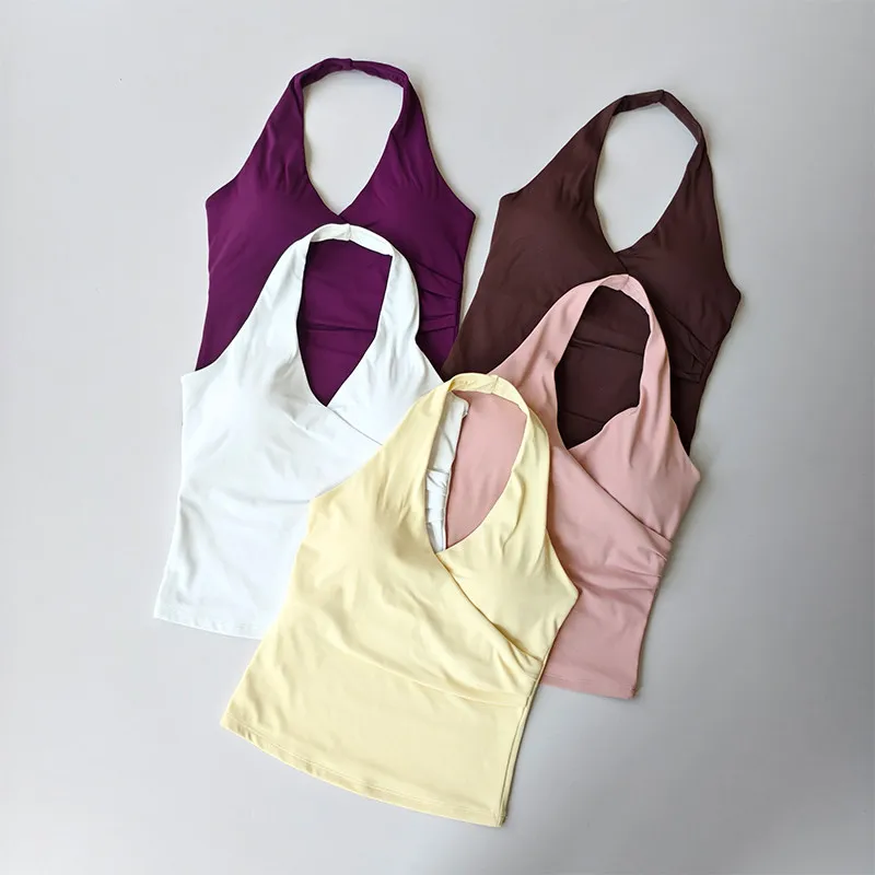 Sexy V-neck Cross Halter Neck Yoga Vest Sleeveless Sports Bra with Chest Pad Naked Sense Fitness Top Beauty Back Design Out Wear