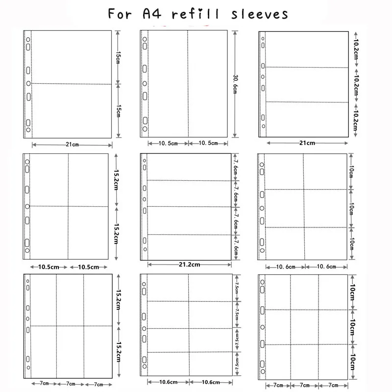 Sharkbang 10pcs A4 Binder Sleeves 7 Holes Postcards Sticker Organizer 11 Designs PP Refill Ring Bags Stationery Accessories