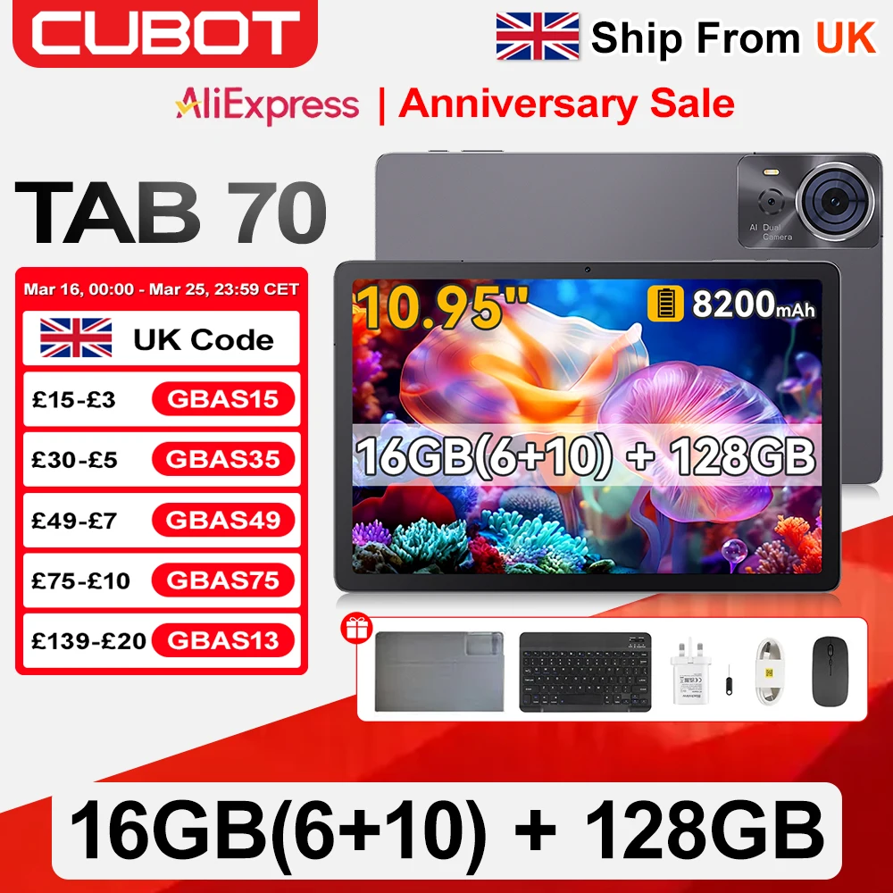[Ship From UK]Cubot TAB 70 Tablet 10.95" HD+ Screen Android 14 Octa-Core 16GB(6+10) RAM 128GB ROM 8200mAh GPS Face ID Pad PC