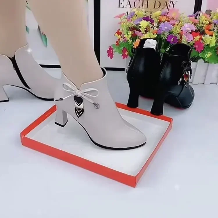 Shoes for Women High-heel Female Spring Autumn Single Boots Women Zip Waterproof Boots Black White 35-40