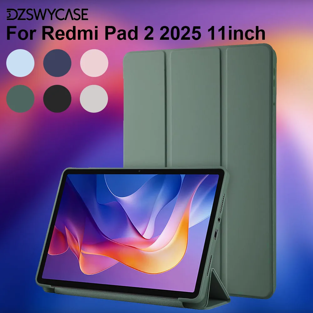Silicone Case for Xiaomi Redmi Pad 2 11 Inch 2025, Ultra Thin Trifold Stand PU Leather Protective Cover, Auto Sleep / Wake